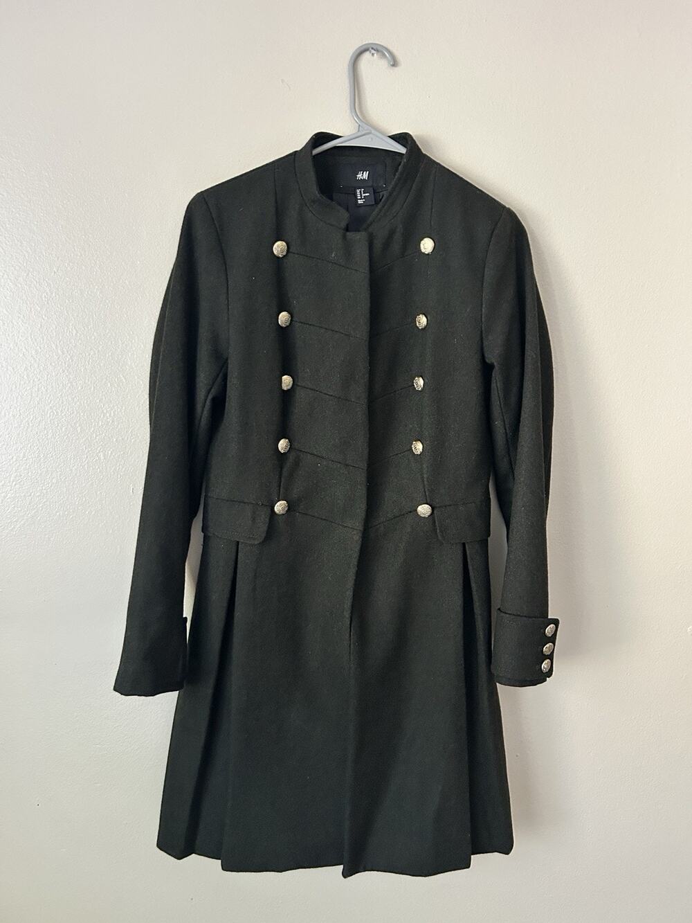 H&M Women's Military Style Jacket Coat Dark Green Gold Buttons Size 8 US